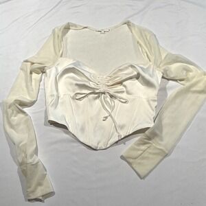 Nia Women White Satin Corset Top Sheer Mesh Long Sleeve Ruched Sweetheart Neck S
